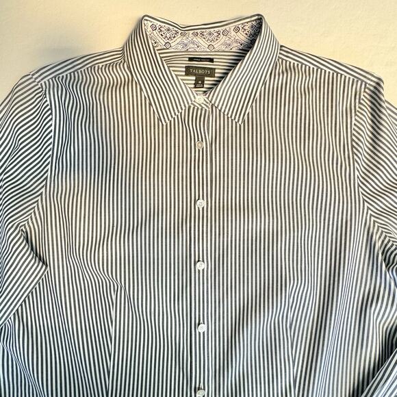 Talbots Button Up Shirt Women Sz 16 Long Sleeve Cotton Spandex Gray White Stripe - Picture 2 of 8